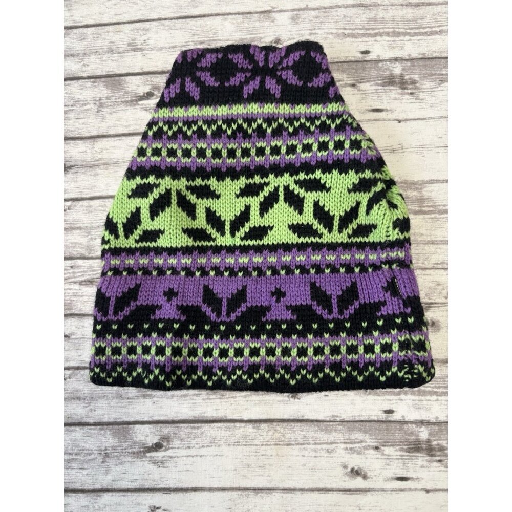 Vintage‎ Smiley Wool Knit  Hat Made in USA Geo Geometric Print Green Purple